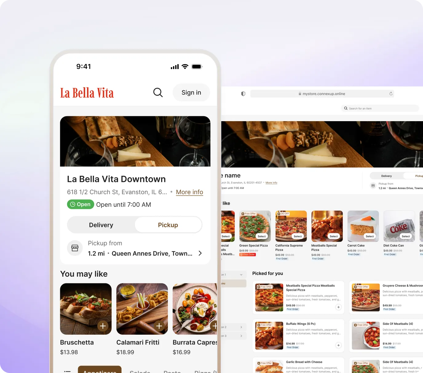 Restaurant customer receiving personalized promotional offer on mobile phone and online ordering