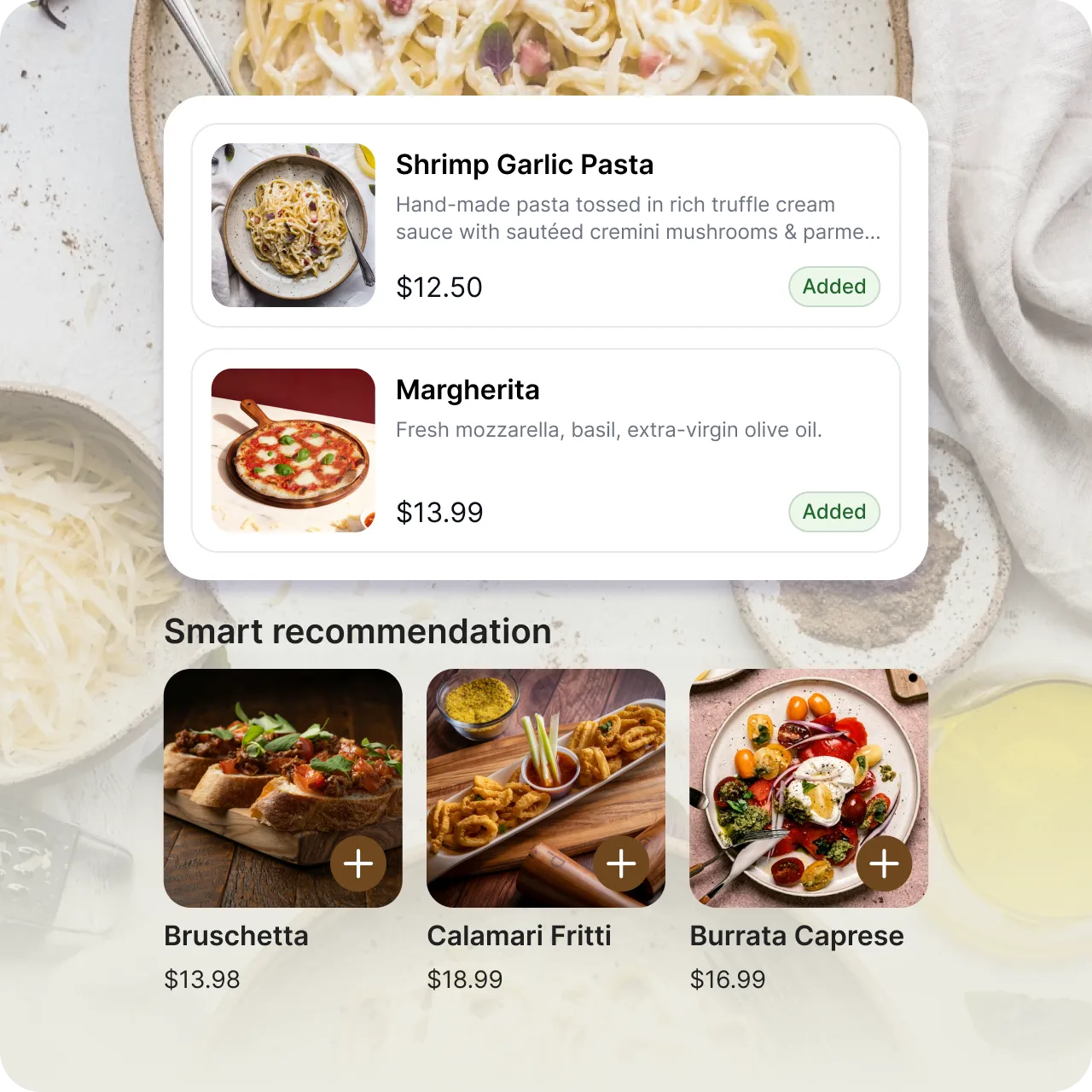 Connexup Smart Recommendations suggesting relevant menu items to restaurant customers